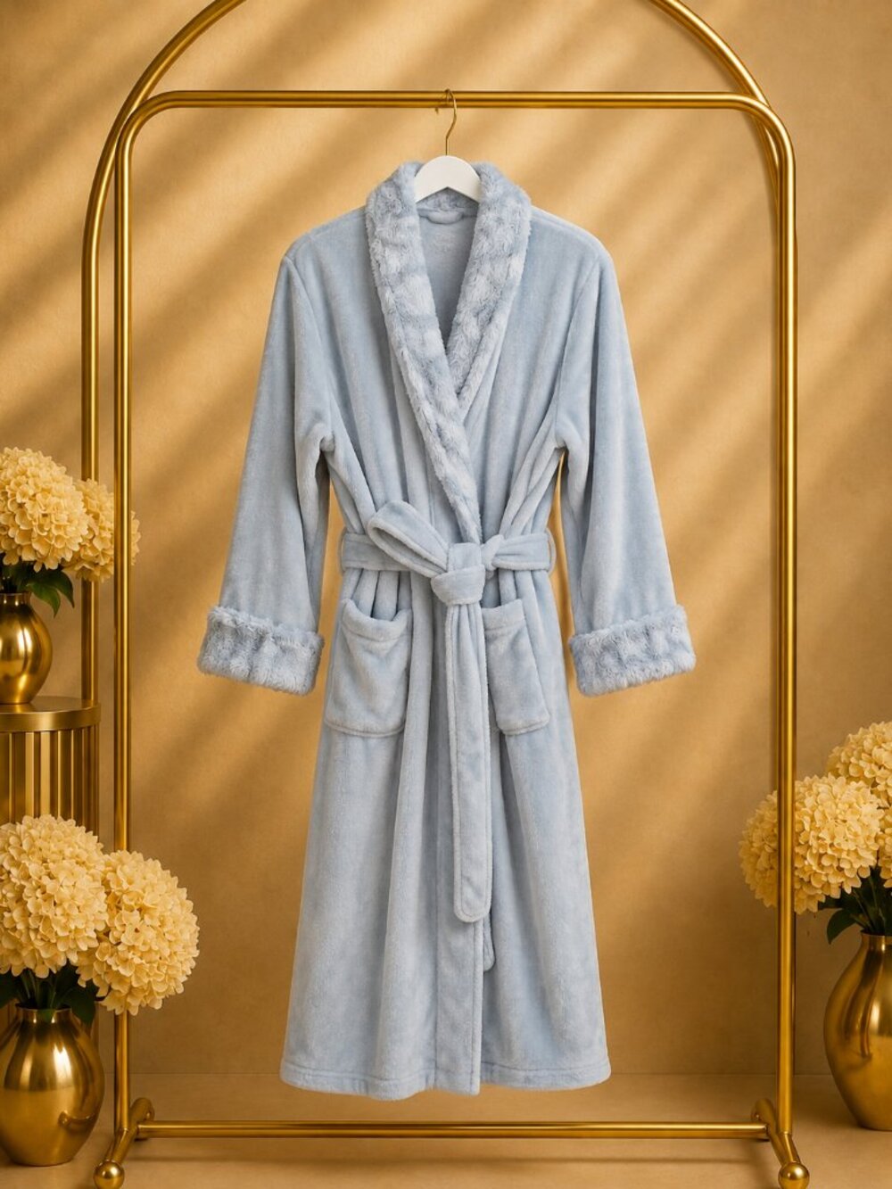 Carole Hochman ZCH57663 XL Blue Gray Plush Faux Fur Trim Long Robe Cozy Luxury